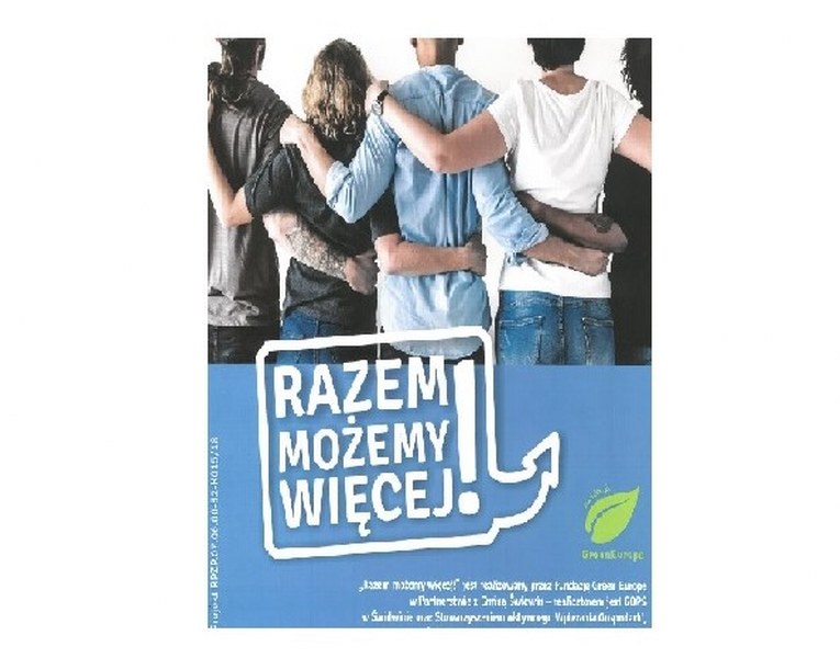 Plakat programu Razem Możemy Więcej przedstawiający zdjęcie stojących tyłem i obejmujących się ludzi