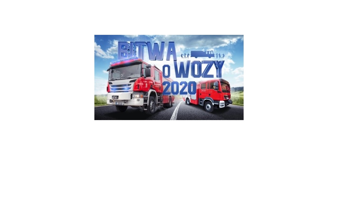 Plakat przedstawiający dwa wozy strażackie oraz napis Bitwa o wozy 2020