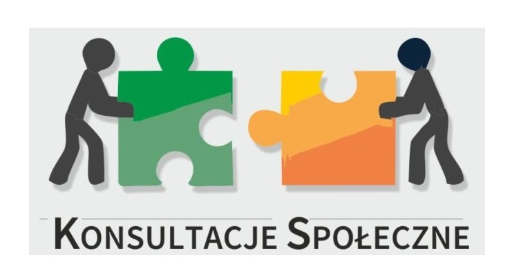 Plakat konsultacji społecznych - 2 postacie układają 2 fragmenty puzzli