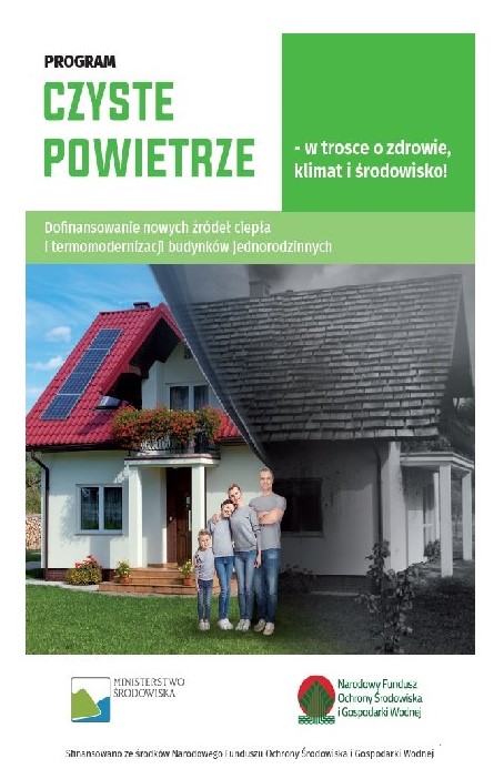 Plakat programu Czyste Powietrze przedstawiający grafikę domu w połowie ekologicznego a w połowie zanieczyszczonego