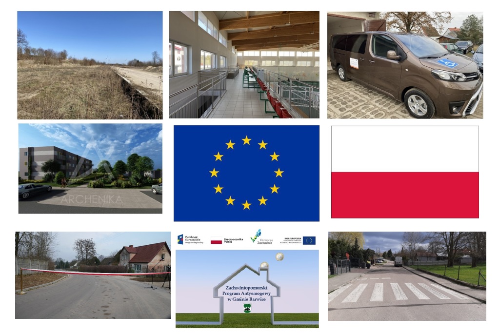 9 obrazków przedstawiających flagę unii i polski oraz inwestycje gminne