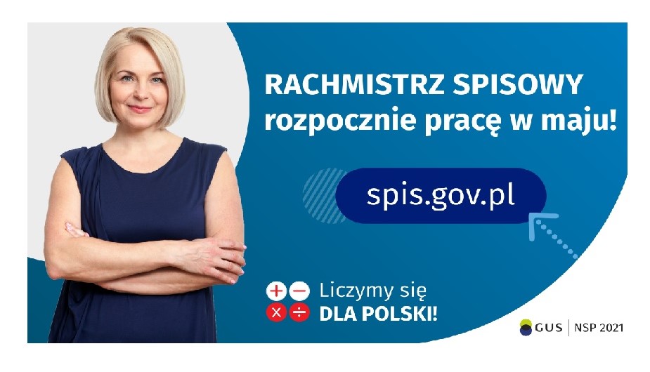 Plakat przedstawiający kobietę oraz napis rachmistrz spisowy rozpocznie pracę w maju