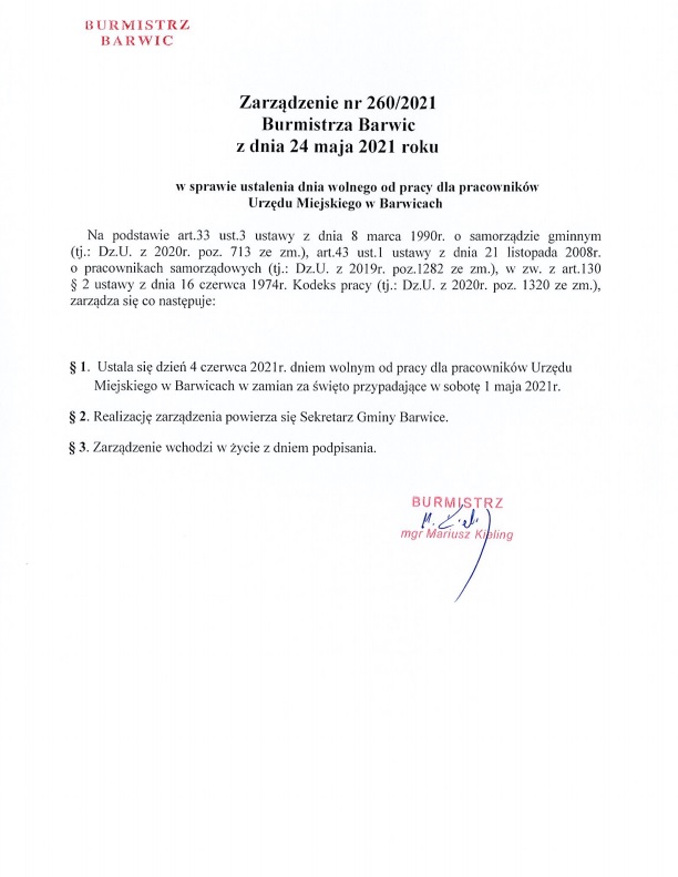 Zarządzenie nr 260/2021 Burmistrza Barwic