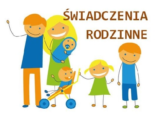 Grafika rodziny i napis "świadczenia rodzinne"