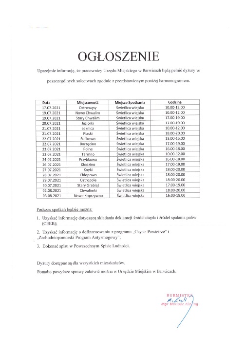 Ogłoszenie o dyżurach pracowników Urzędu w poszczególnych sołectwach
