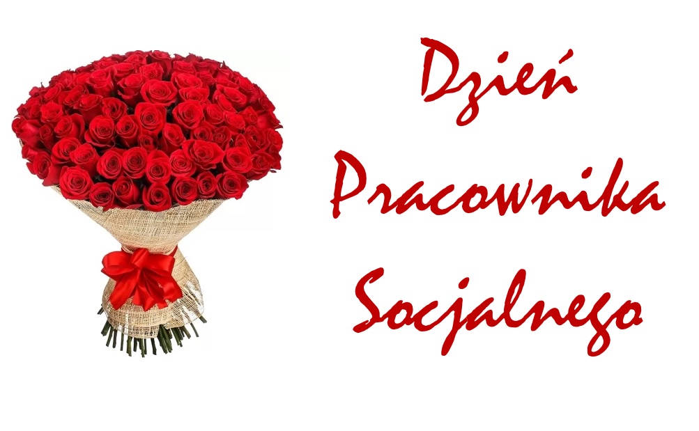 Bukiet róż oraz napis Dzień Pracownika Socjalnego