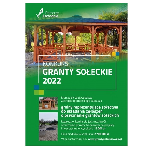 na zdjęciu widoczna jest drewniana altana z Napisem w ramce Granty sołeckie 2022