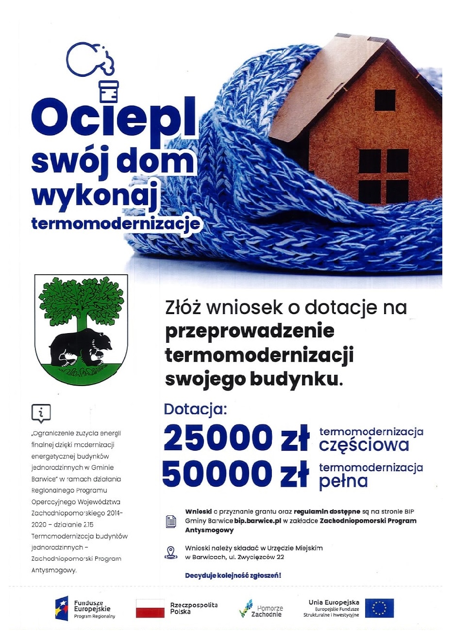 na zdjęciu plakat z domem owiniętym szalikiem z tekstem o termomoderniacji