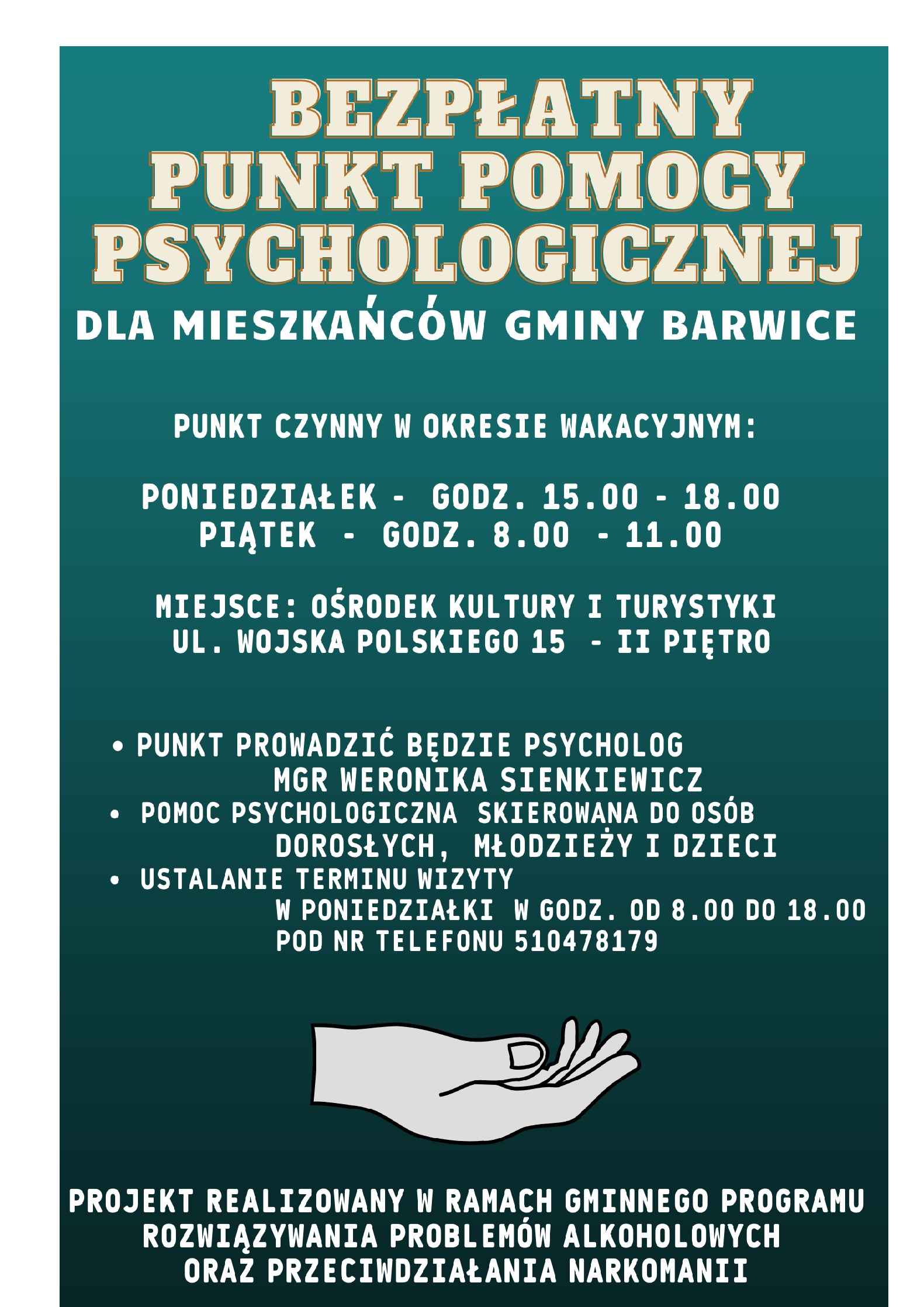 na zdjęciu plakat z informacją o punkcie porad psychologicznych