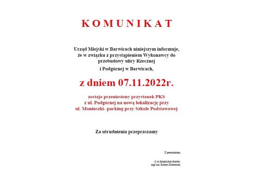 komunikat w sprawie przeniesienia przystanku