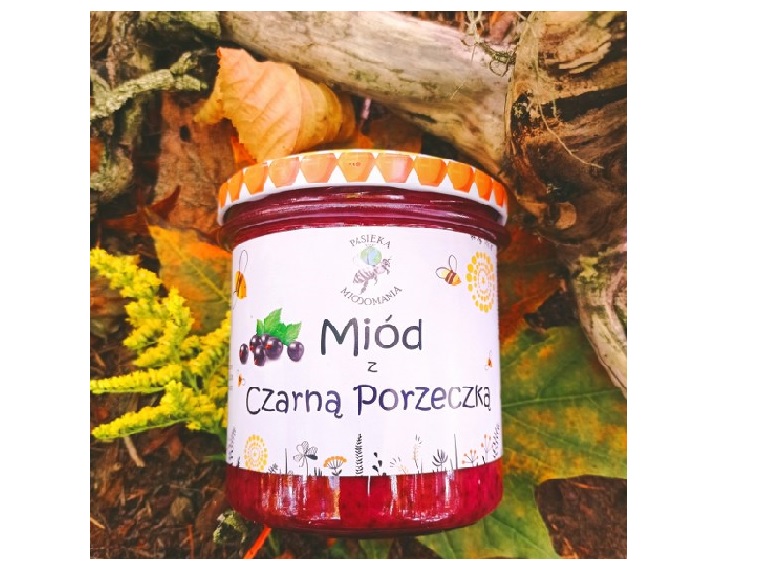 na zdjęciu słoiczek miodu z czarną porzeczką