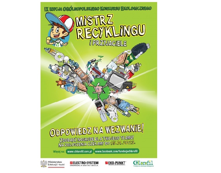 na zdjęciu plakat informujący o IX edycja Ogólnopolskiego Konkursu Ekologicznego „Mistrz Recyklingu i Przyjaciele” dla dzieci szkół podstawowych.
