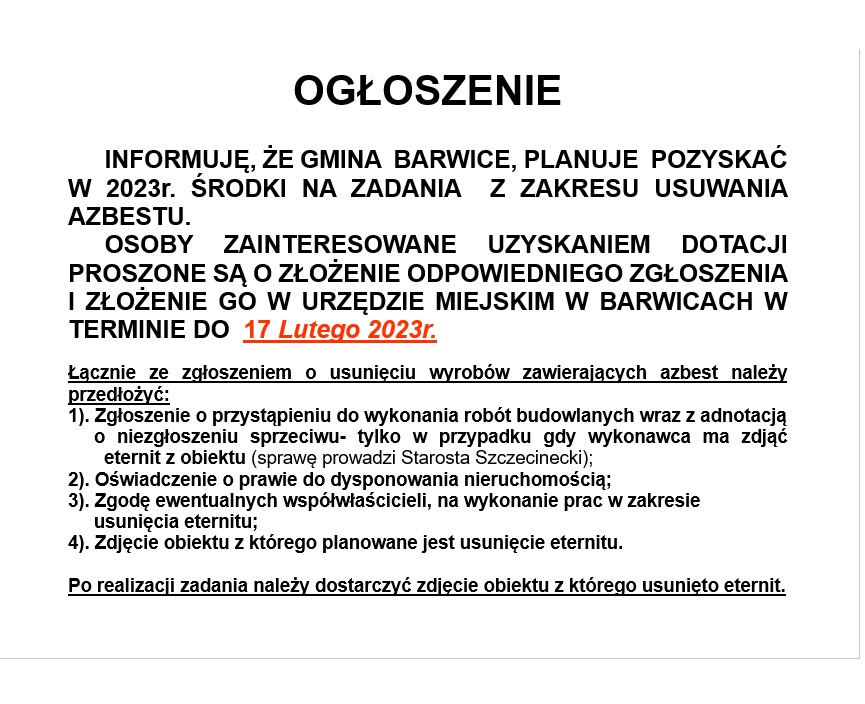 ogłoszenie w sprawie azbestu