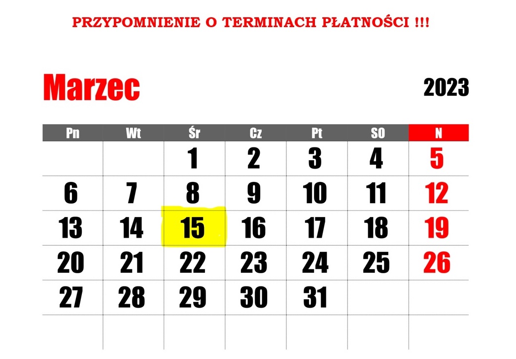 kartka z kalendarza z miesiąca marca 2023 z zaznaczonym terminem 15.03