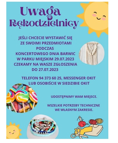 plakat zapraszający rękodzielników do udziału w Koncertowym Dniu Barwic