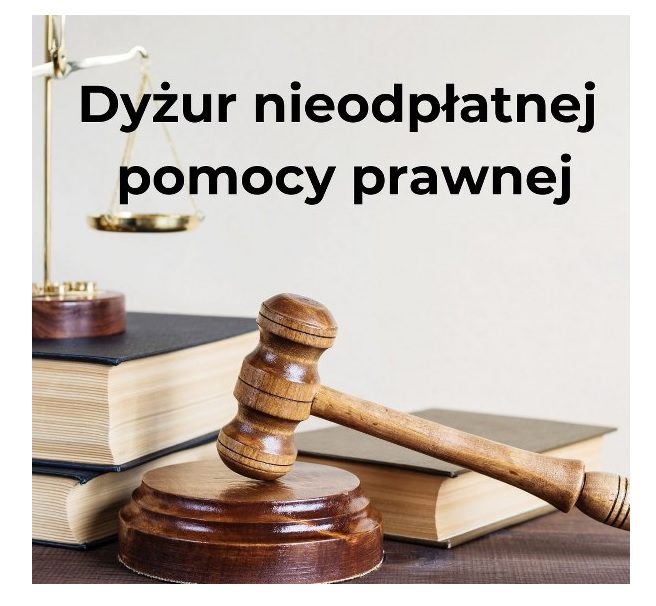 na zdjęciu młotek sędziowski na biurku wraz z kodeksami - napis na zdjęciu Dyżur nieodpłatnej pomocy prawnej