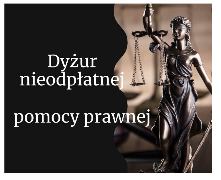 plakat z Temidą informujący o dyżurze nieodpłatnych porad prawnych