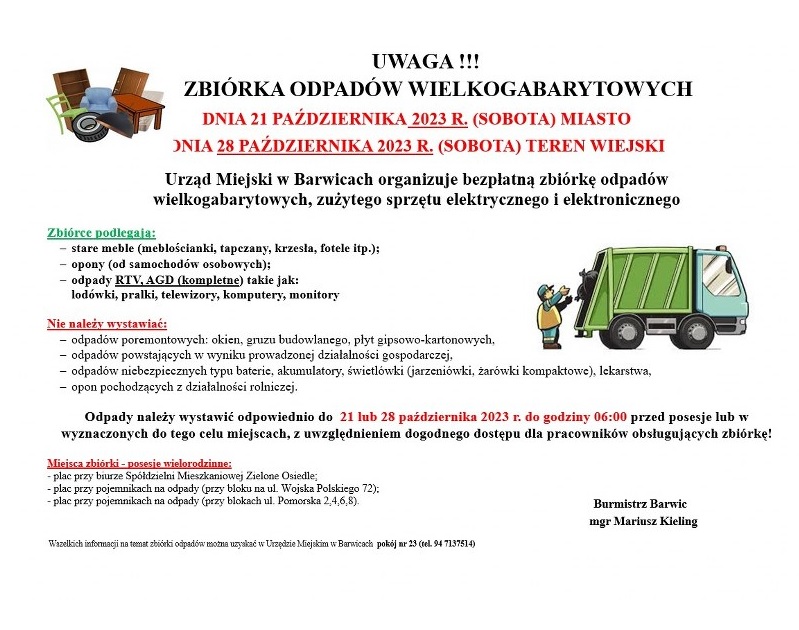 plakat informacyjny o zbiórce odpadów wielkogabarytowych