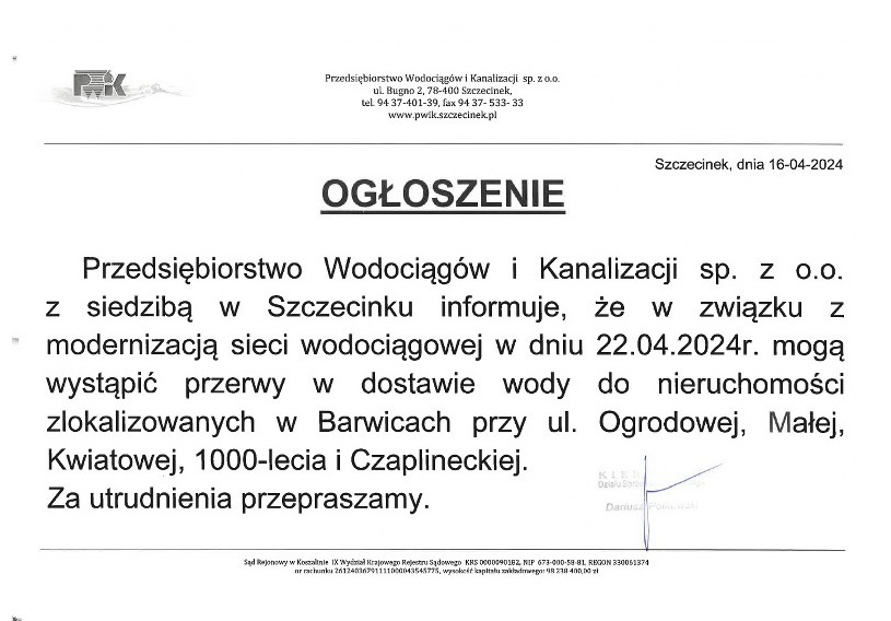 Ogłoszenie Przedsiębiorstwa Wodociągów i Kanalizacji sp. z o.o. z siedzibą w Szczecinku