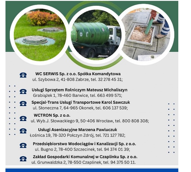 Plakat z danymi kontaktowymi podmiotów mających zezwolenie na opróżnianie zbiorników bezodpływowych