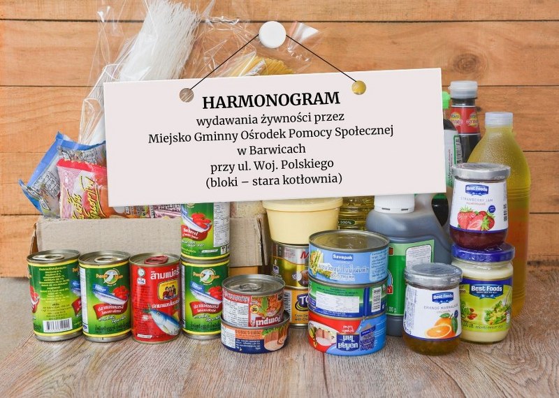 Na plakacie żywność z tabliczką: 📢 Harmonogram wydawania żywności