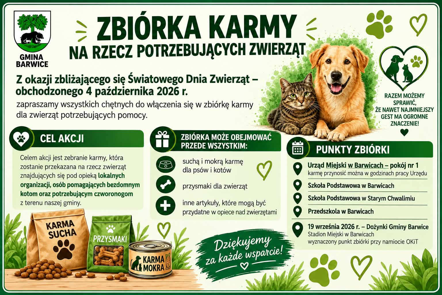 Zbiórka karmy dla potrzebujących zwierząt w Gminie Barwice