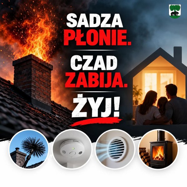 Grafika kampanii społecznej „Sadza płonie. Czad zabija. Żyj!”. Po lewej stronie widoczny płonący komin, po prawej rodzina na tle domu. U dołu zdjęcia przedstawiające czyszczenie komina, czujnik tlenku węgla, wentylację oraz piec grzewczy. Grafika przypomina o bezpieczeństwie w sezonie grzewczym.