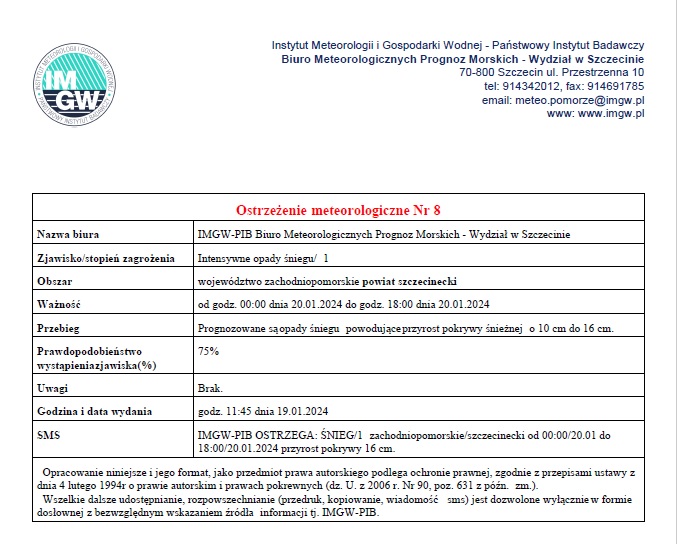 Ostrzeżenie meteorologiczne Nr 8 IMGW-PIB 