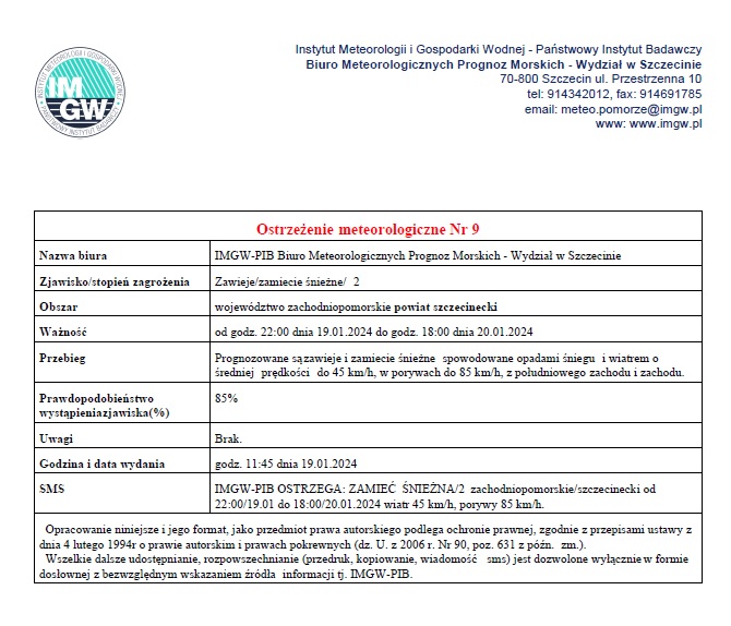 Ostrzeżenie meteorologiczne Nr 9 IMGW-PIB