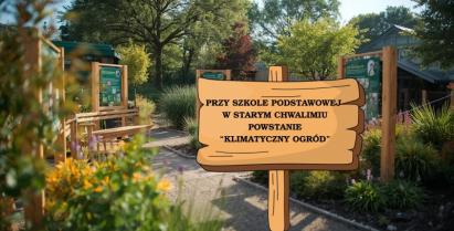 na zdjęciu ogród z tabliczką PRZY SZKOLE PODSTAWOWEJ  W STARYM CHWALIMIU  POWSTANIE  “KLIMATYCZNY OGRÓD”