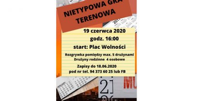 Plakat przedstawia czas i miejsce rozpoczęcia zabawy oraz date zapisów i numer kontaktowy