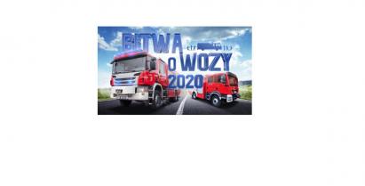 Plakat przedstawiający dwa wozy strażackie oraz napis Bitwa o wozy 2020