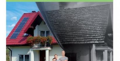 Plakat programu Czyste Powietrze przedstawiający grafikę domu w połowie ekologicznego a w połowie zanieczyszczonego