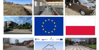 9 obrazków przedstawiających flagę unii i polski oraz inwestycje gminne