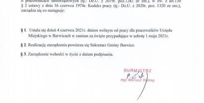 Zarządzenie nr 260/2021 Burmistrza Barwic