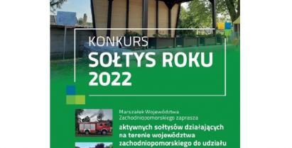 Na zdjęciu jest altana z doniczkami z kwiatami W ramce napis konkurs sołtys roku 2022 i małe zdjęcia: wozu strażackiego, placu zabaw i imprezy okolicznościowej