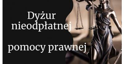 plakat z Temidą informujący o dyżurze nieodpłatnych porad prawnych
