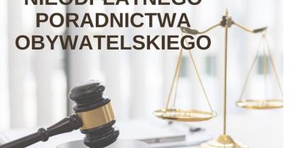 plakat z młotkiem i wagą sędziowską