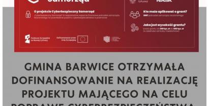 plakat z logiem Cyberbezpieczny Samorząd informujący o otrzymanym dofinansowaniu na poprawę cyberbezpieczeństwa