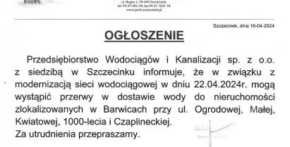 Ogłoszenie Przedsiębiorstwa Wodociągów i Kanalizacji sp. z o.o. z siedzibą w Szczecinku