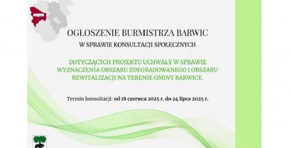 Ogłoszenie Burmistrza w sprawie konsultacji społecznych dotyczących projektu uchwały w sprawie wyznaczenia obszaru zdegradowanego i obszaru rewitalizacji na terenie Gminy Barwice