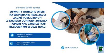 Plakat informujący o otwartym konkursie ofert z zakresu ochrony zwierząt i opieki nad zierzętami