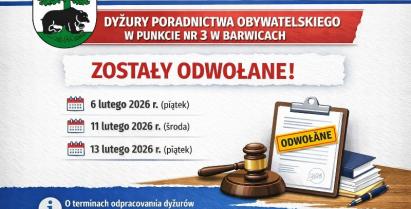 Plakat o odwołaniu dyżuru nieodpłatnego poradnictwa obywatelskiego