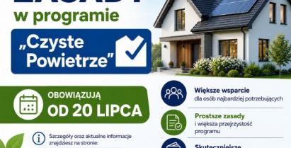 Plakat informujący o nowych zasadach w programie Czyste powietrze, które wchodzą w życie od 20 lipca 2026