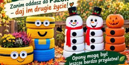 Jesienny plakat zachęcający do ponownego wykorzystania zużytych opon. Przedstawia kolorowe dekoracje wykonane z opon oraz hasło „Zanim oddasz do PSZOK – daj im drugie życie!”