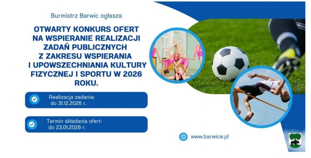 Plakat informujący o ogłoszonym konkursie ofert - kultura fizyczna i sport w 2026 r.