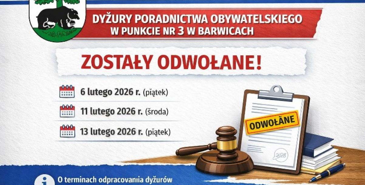 Plakat o odwołaniu dyżuru nieodpłatnego poradnictwa obywatelskiego