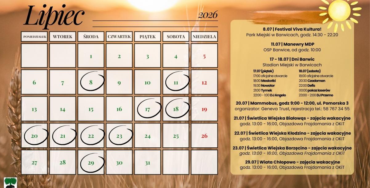 Kalendarz wydarzeń – lipiec 2026 w Gminie Barwice