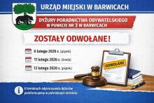 Plakat o odwołaniu dyżuru nieodpłatnego poradnictwa obywatelskiego