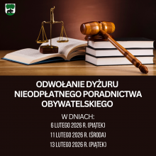 Informacja o odwołaniu dyżurów nieodpłatnego poradnictwa obywatelskiego.